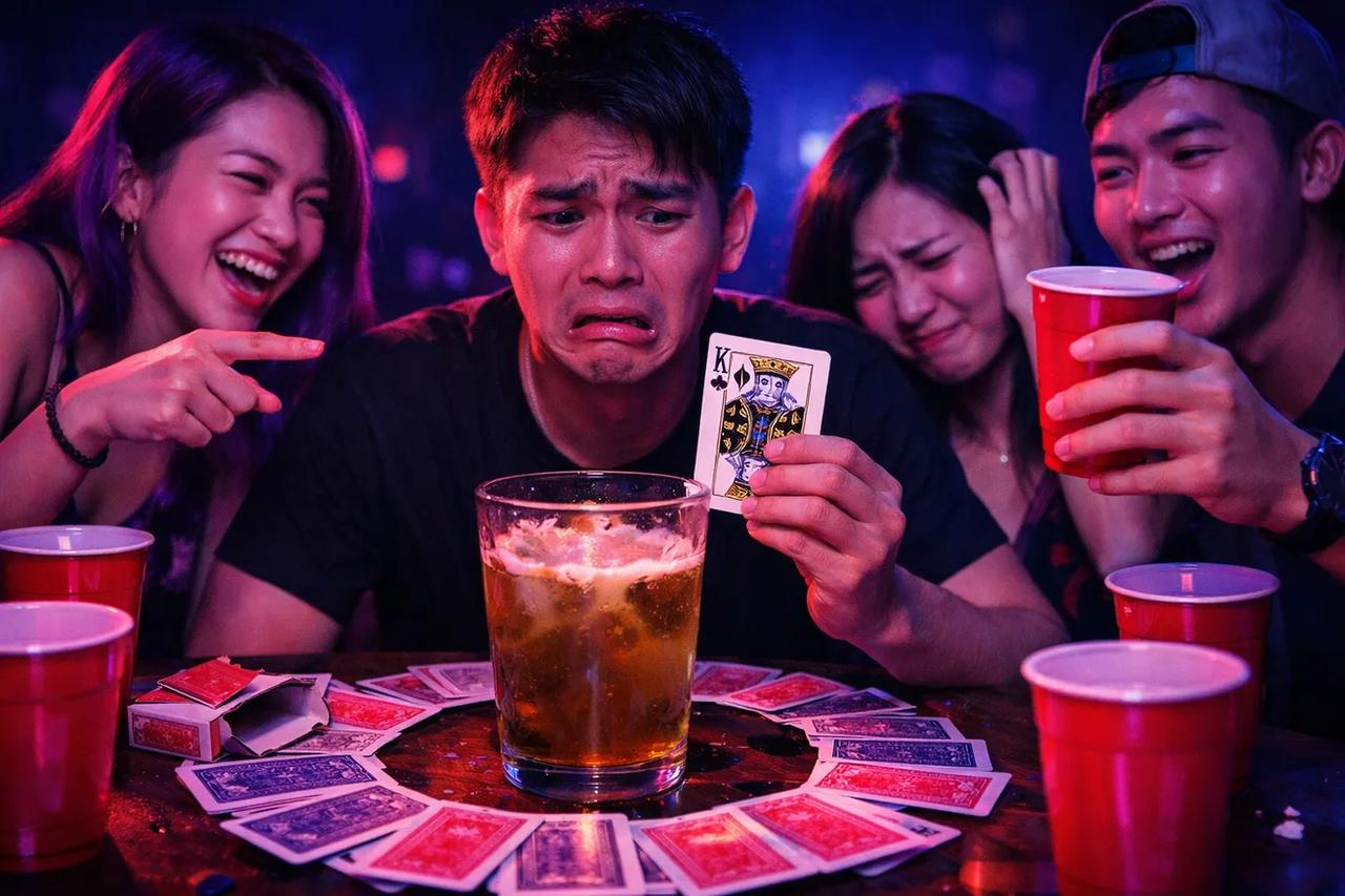 Các lá bài được xếp thành vòng tròn quanh một chiếc ly, minh họa cách sắp xếp cho trò Vòng Tròn Tử Thần