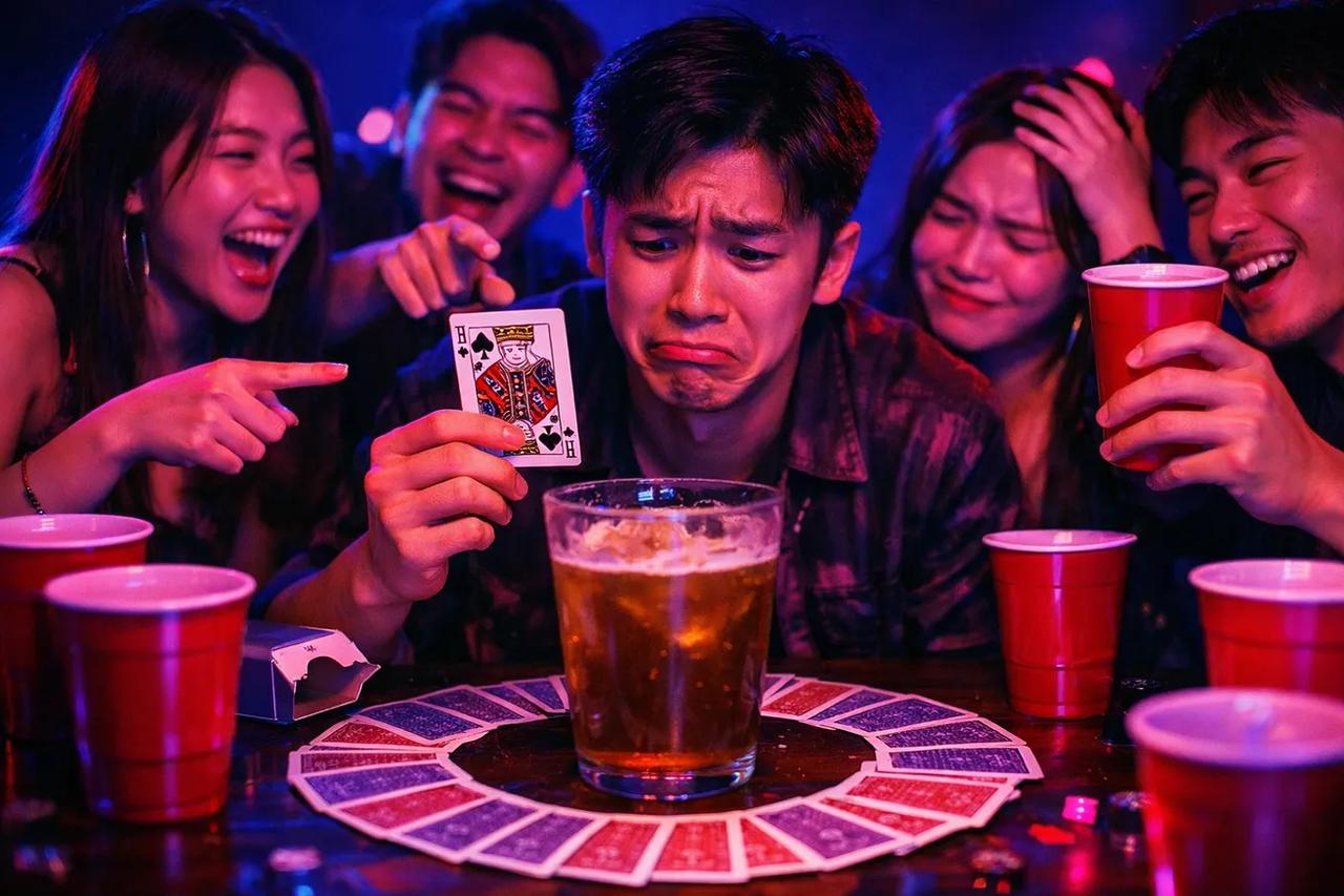 一副撲克牌圍繞著一個杯子，展示國王杯遊戲的設置方式