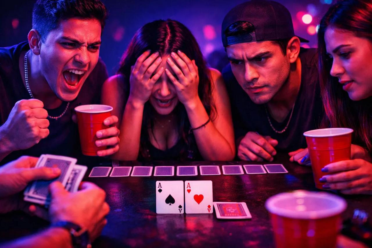 Ilustración del juego para beber Carrera de Caballos con cartas dispuestas en forma de pista de carreras