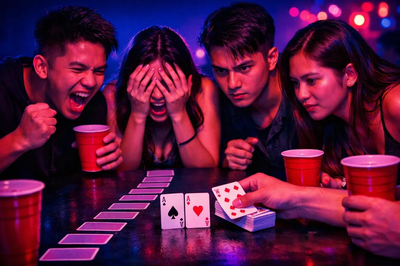 Illustration ng drinking game na Horse Race kung saan naka-setup ang cards parang race track