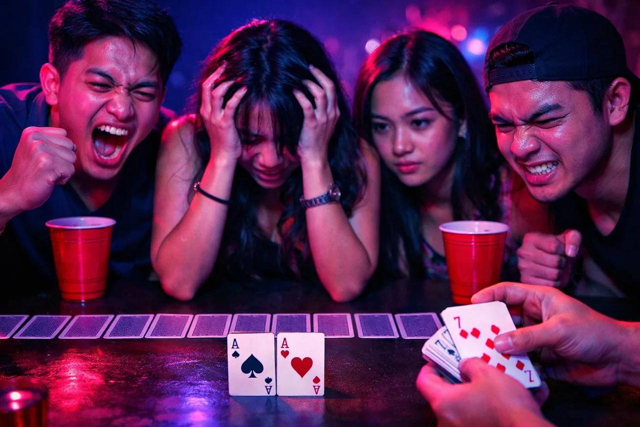 Ilustrasi game minum Balap Kuda dengan kartu remi yang disusun jadi sirkuit balapan