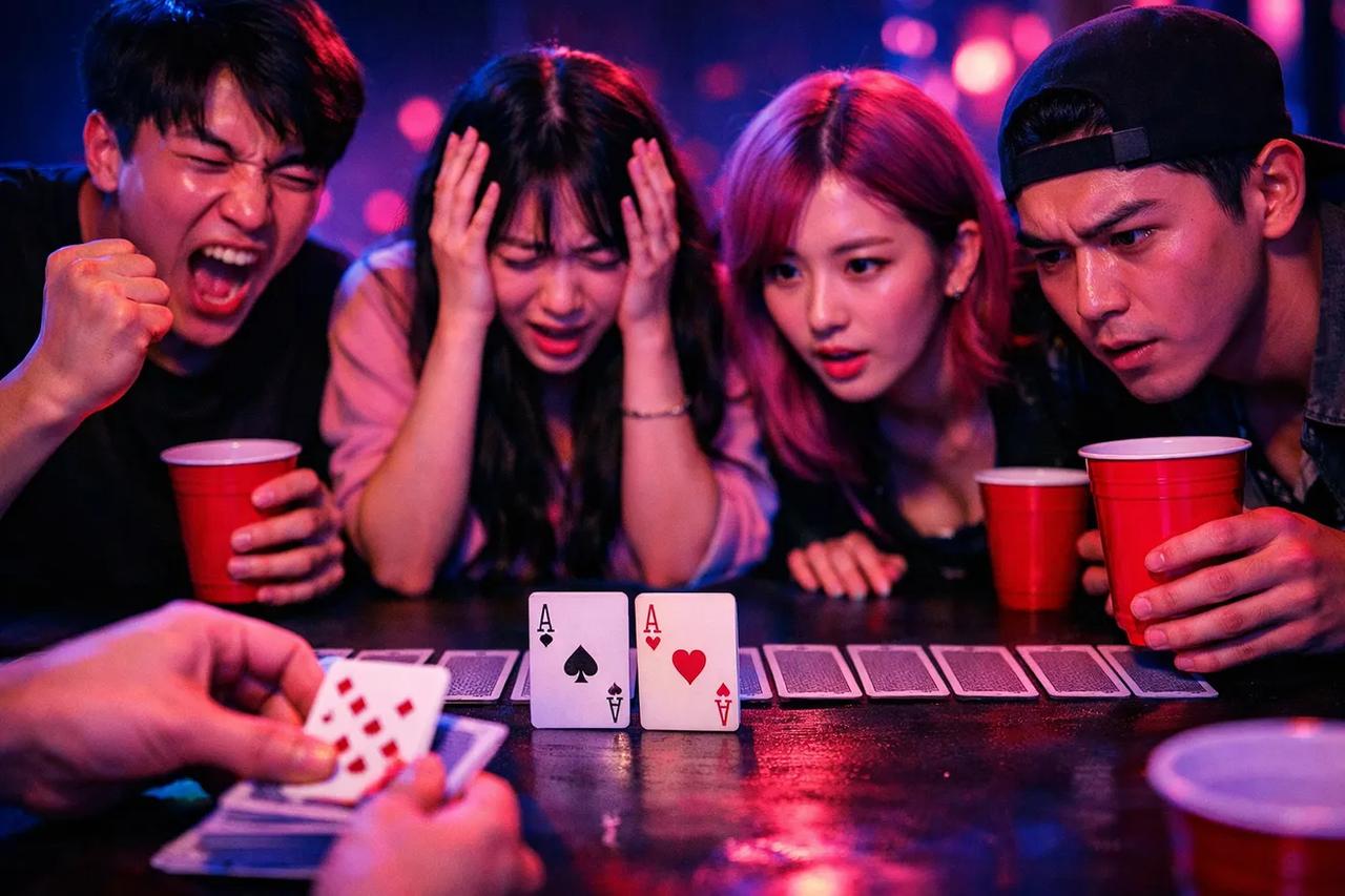 경주 트랙처럼 카드를 배열해 놓은 경마 술게임 일러스트