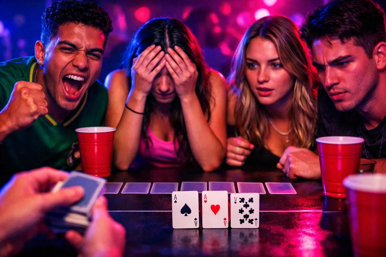 Ilustração do jogo de beber Corrida de Cavalos, com cartas de baralho formando uma pista de corrida