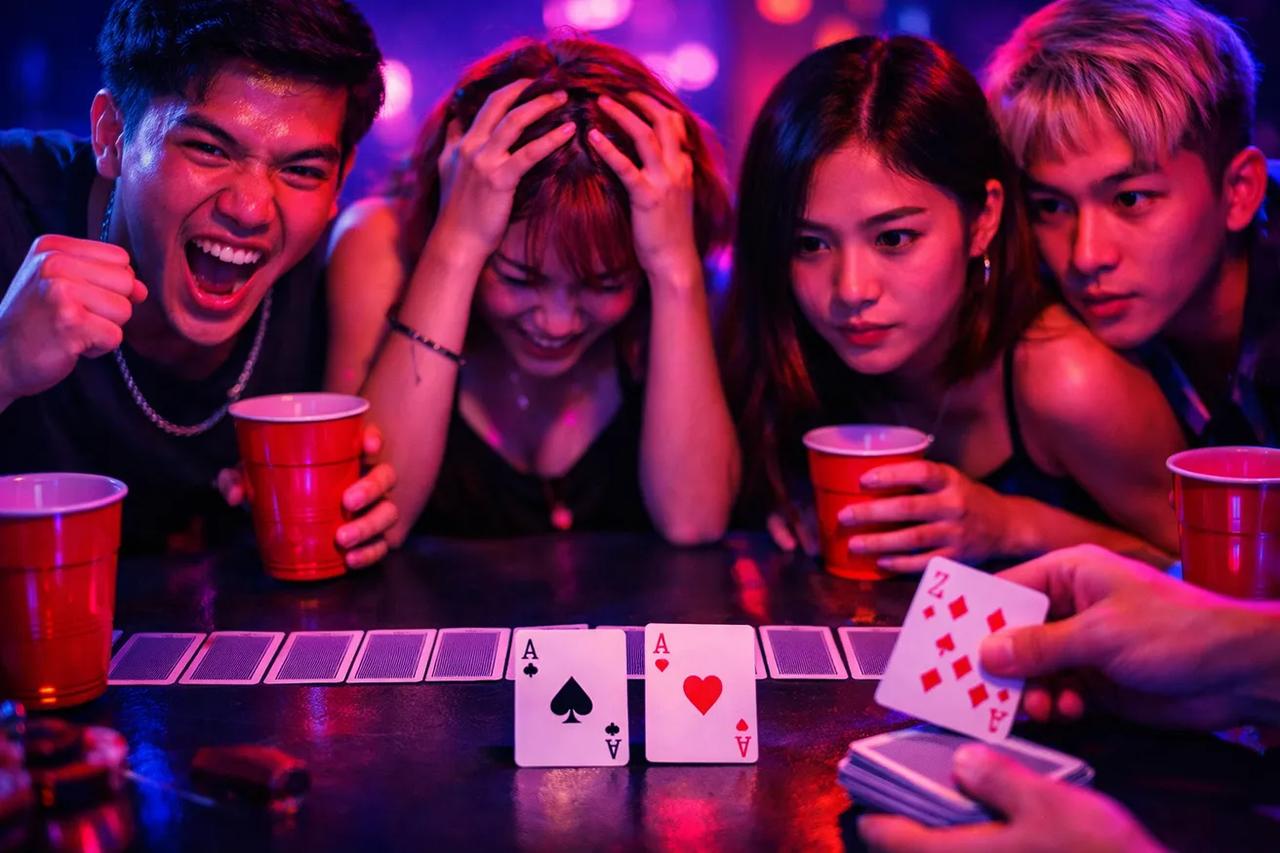 ภาพประกอบเกมเหล้าแข่งม้า ที่มีไพ่วางเรียงกันเป็นสนามแข่ง