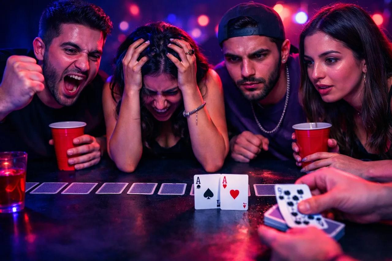 At Yarışı içki oyununun yarış pisti şeklinde dizilmiş kartlarla illüstrasyonu