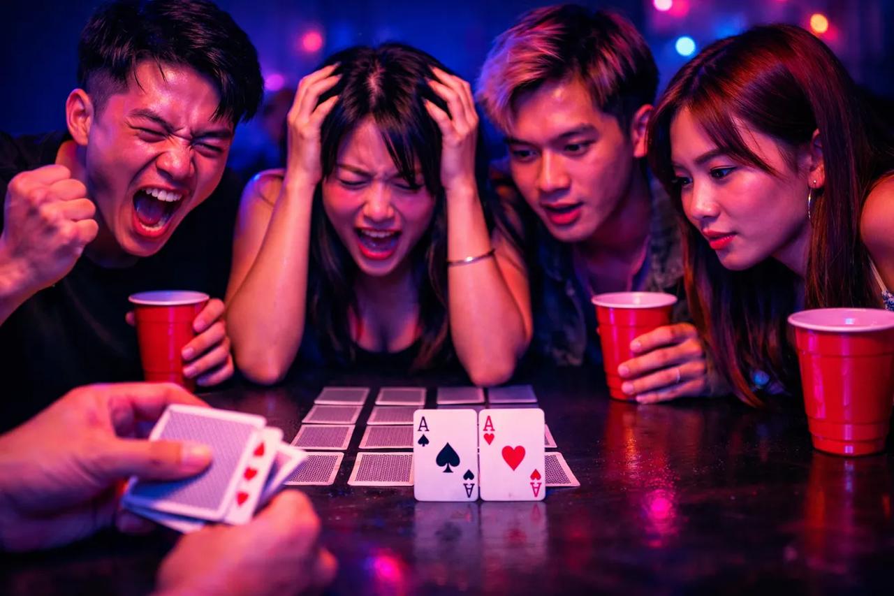 Minh họa game uống rượu Đua Ngựa với các lá bài được xếp thành đường đua