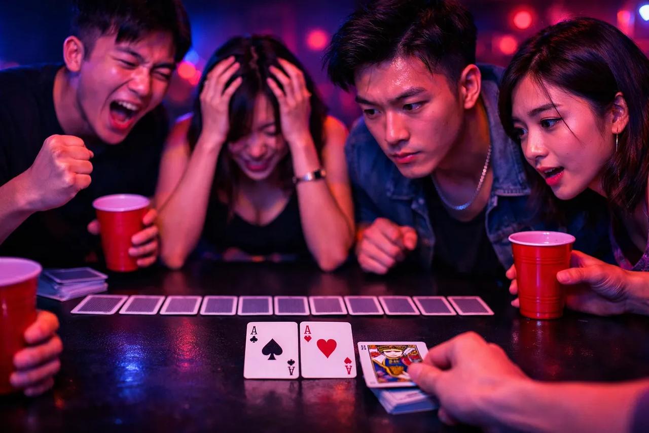 賽馬喝酒遊戲示意圖，撲克牌排成賽道