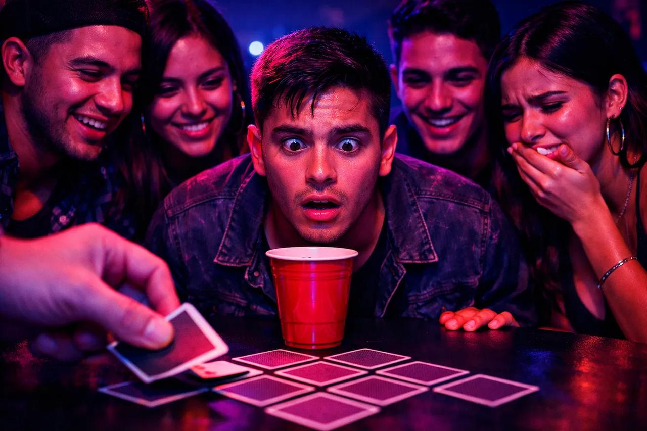 Cartas dispuestas en formación de pirámide para el juego El Autobús