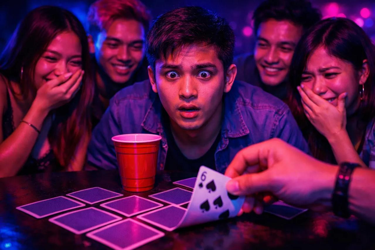 Playing cards na naka-arrange na parang pyramid para sa drinking game na Ride the Bus