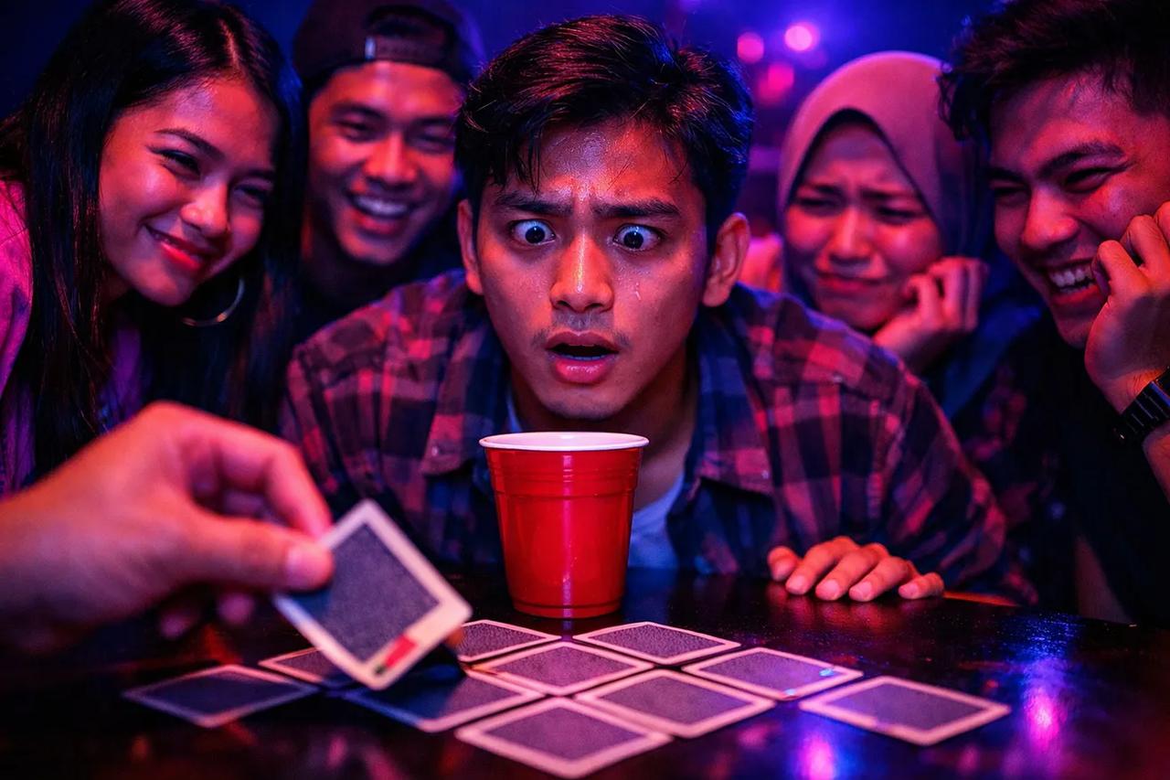 Kartu remi disusun bentuk piramida untuk game minum Ride the Bus