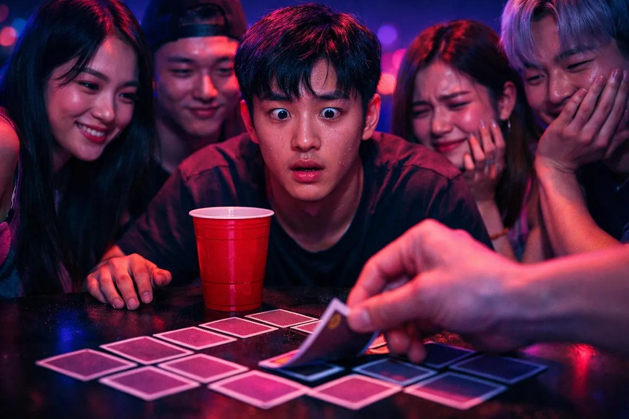 술 게임 '버스 타기'를 위해 피라미드 모양으로 놓인 트럼프 카드