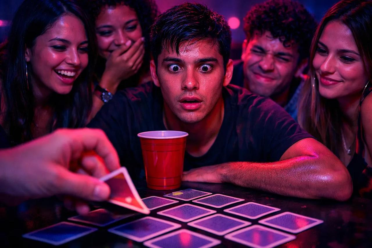 Cartas de baralho dispostas em pirâmide para o jogo de beber Ride the Bus