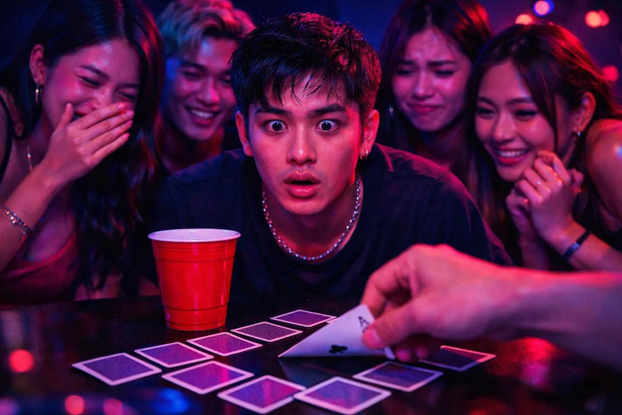 ไพ่ที่วางเรียงเป็นรูปพีระมิดสำหรับเกมวงเหล้า Ride the Bus