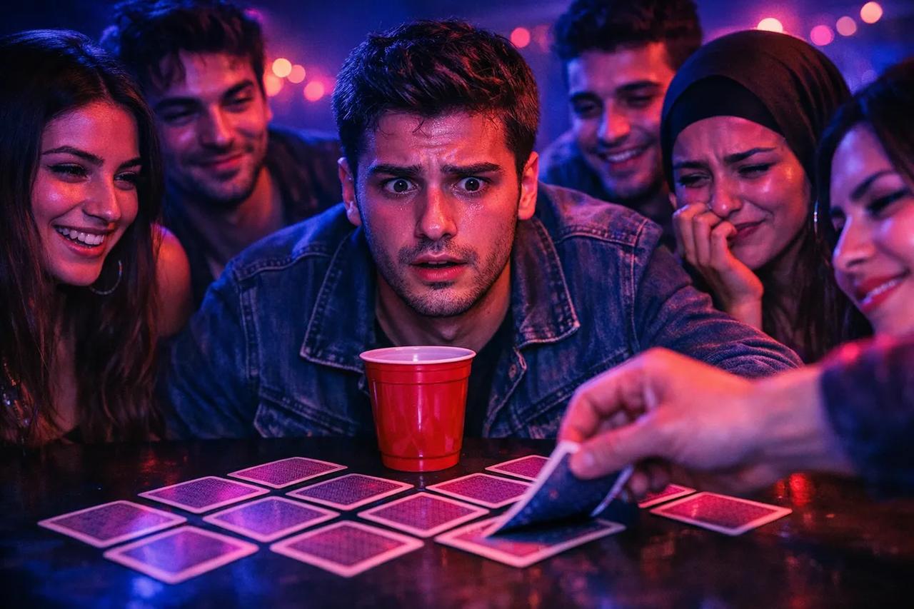 Ride the Bus içki oyunu için piramit şeklinde dizilmiş oyun kartları