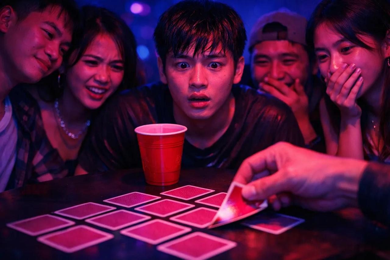 Các lá bài được xếp thành hình kim tự tháp cho trò chơi uống rượu Xe Buýt