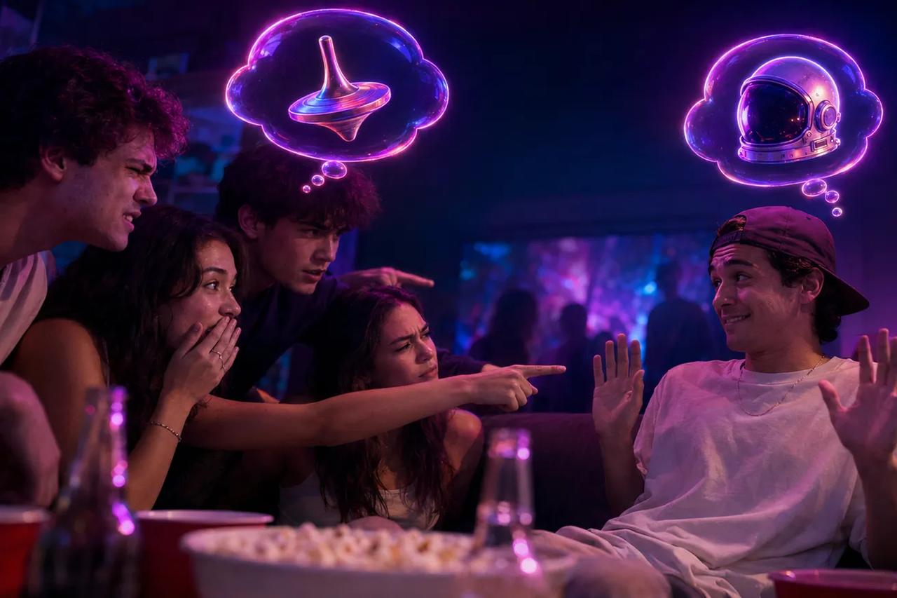 Freunde suchen Film-Wortpaare für das Imposter Partyspiel auf einem Smartphone aus