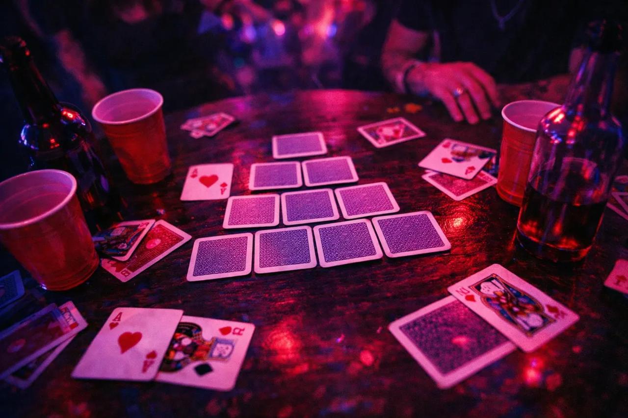 Igraće karte posložene u oblik piramide s pićima na stolu za Piramidu igru s pijenjem