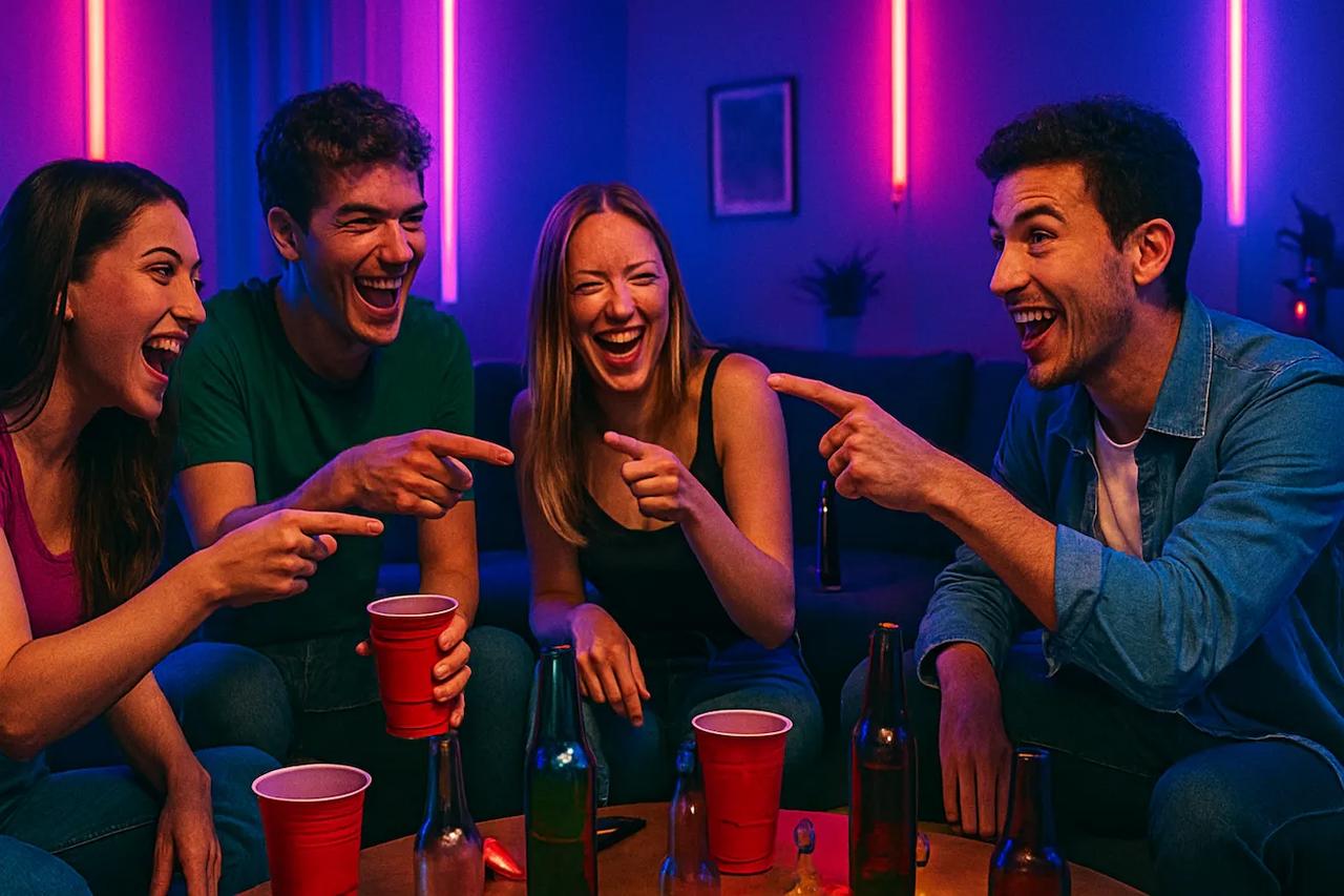 Vrienden die het spel 'Wie zou het eerst' spelen, grappige sfeer