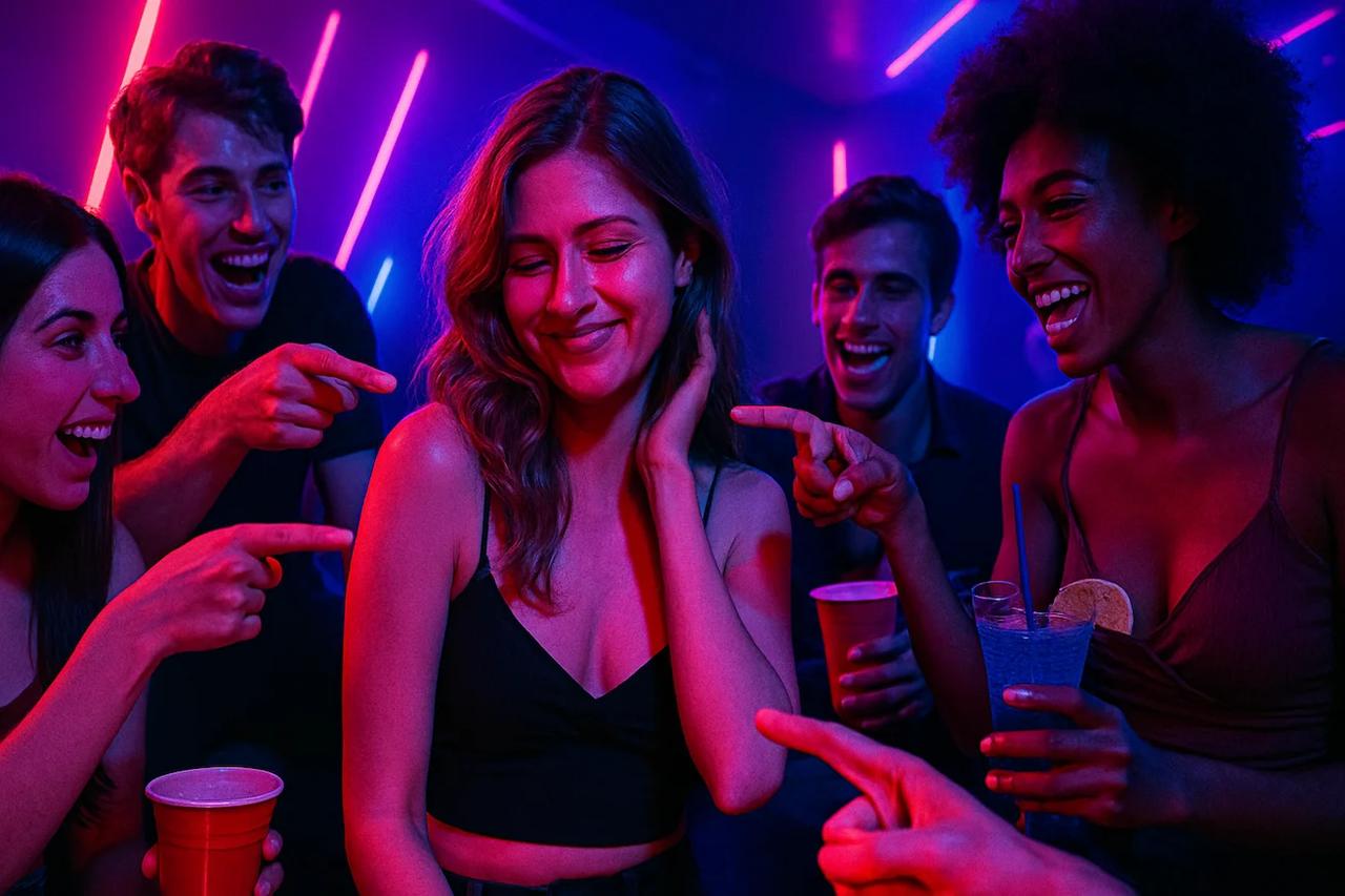 Vrienden die het spel 'Wie zou het eerst' spelen, pikante sfeer