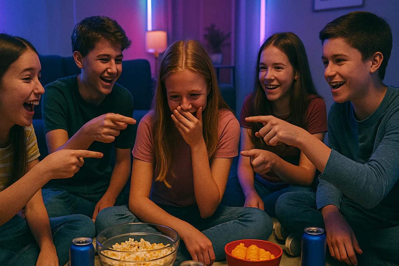 Tienervrienden die het spel 'Wie zou het eerst' spelen