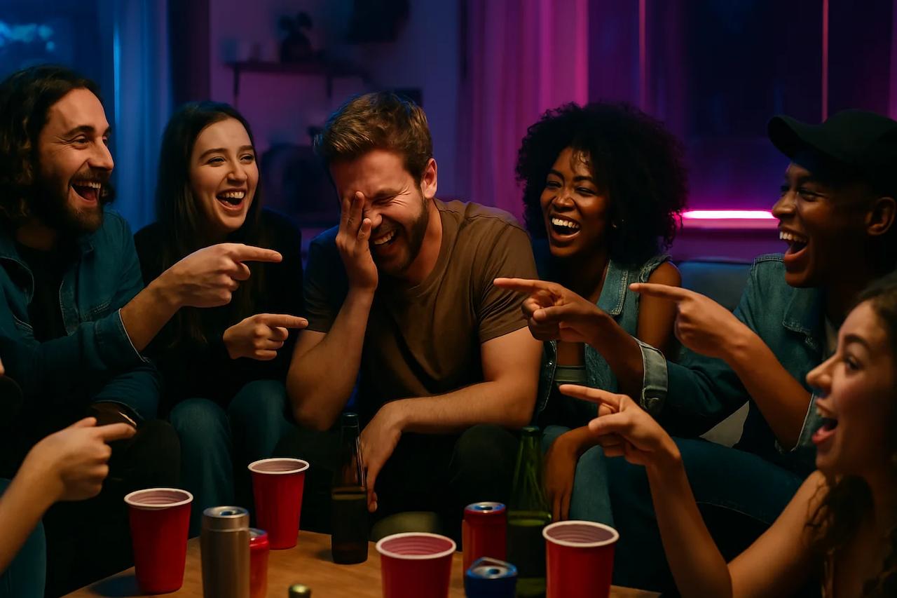 Vrienden die het spel 'Wie zou het eerst' spelen met drankjes