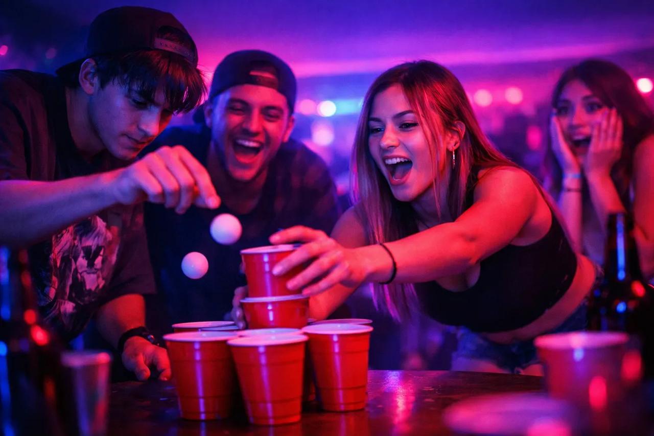홈 파티에서 테이블에 컵과 탁구공을 놓고 레이지 케이지 술게임을 즐기는 친구들 무리