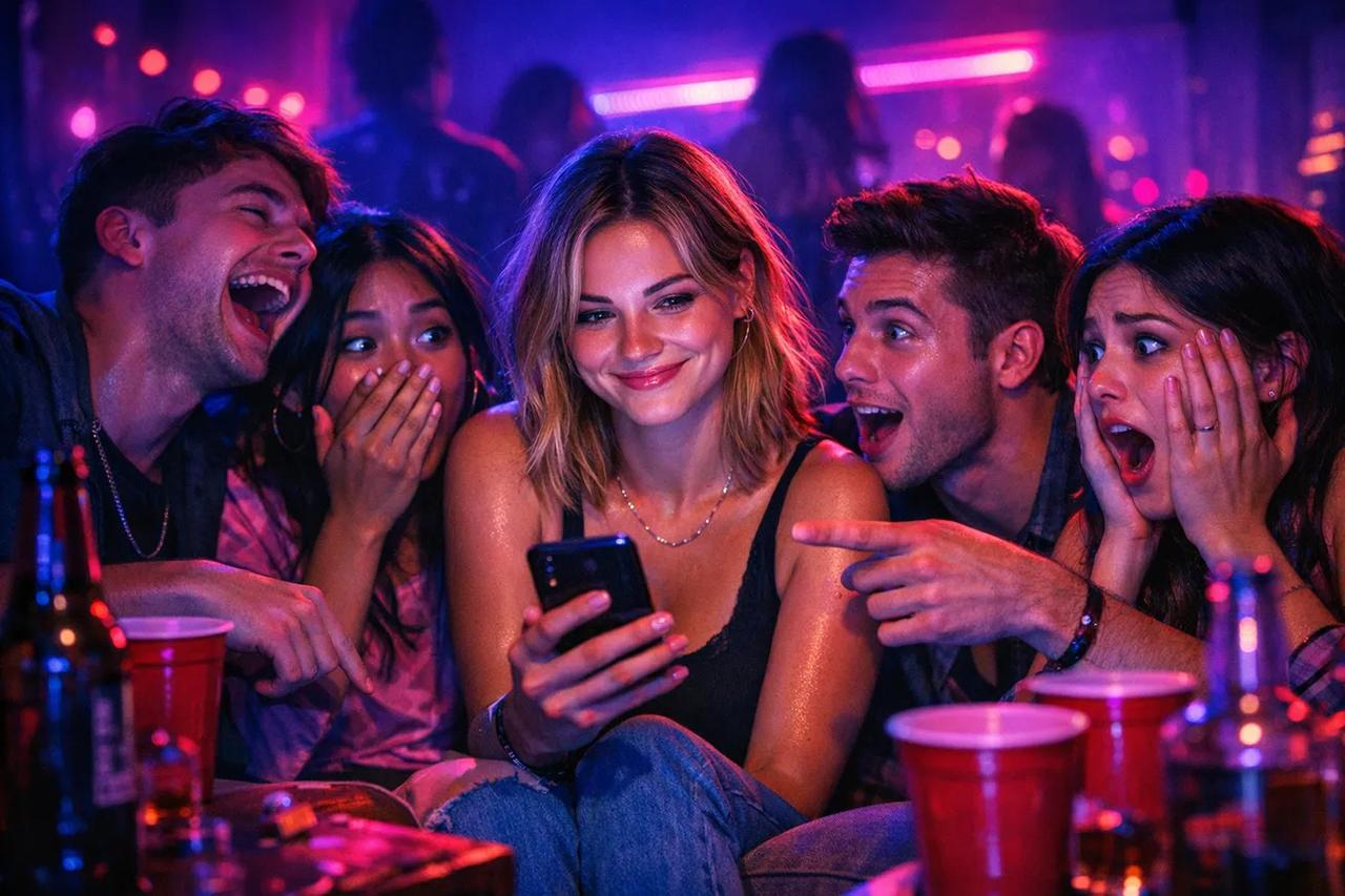 Grupa znajomych rozwiązująca wspólnie Test Czystości Rice jako grę imprezową