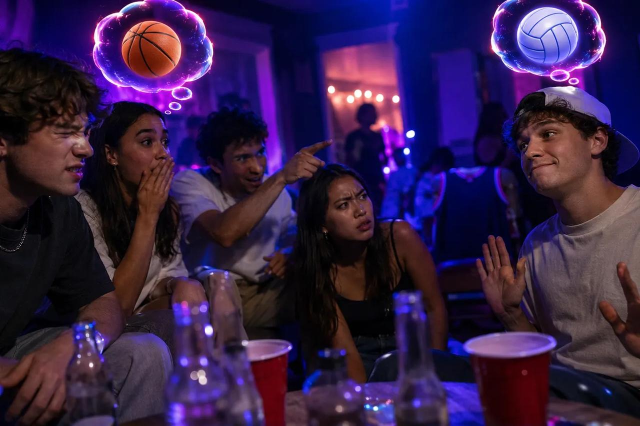 Parta přátel hraje na mobilu párty hru špión a na obrazovce svítí sportovní dvojice slov