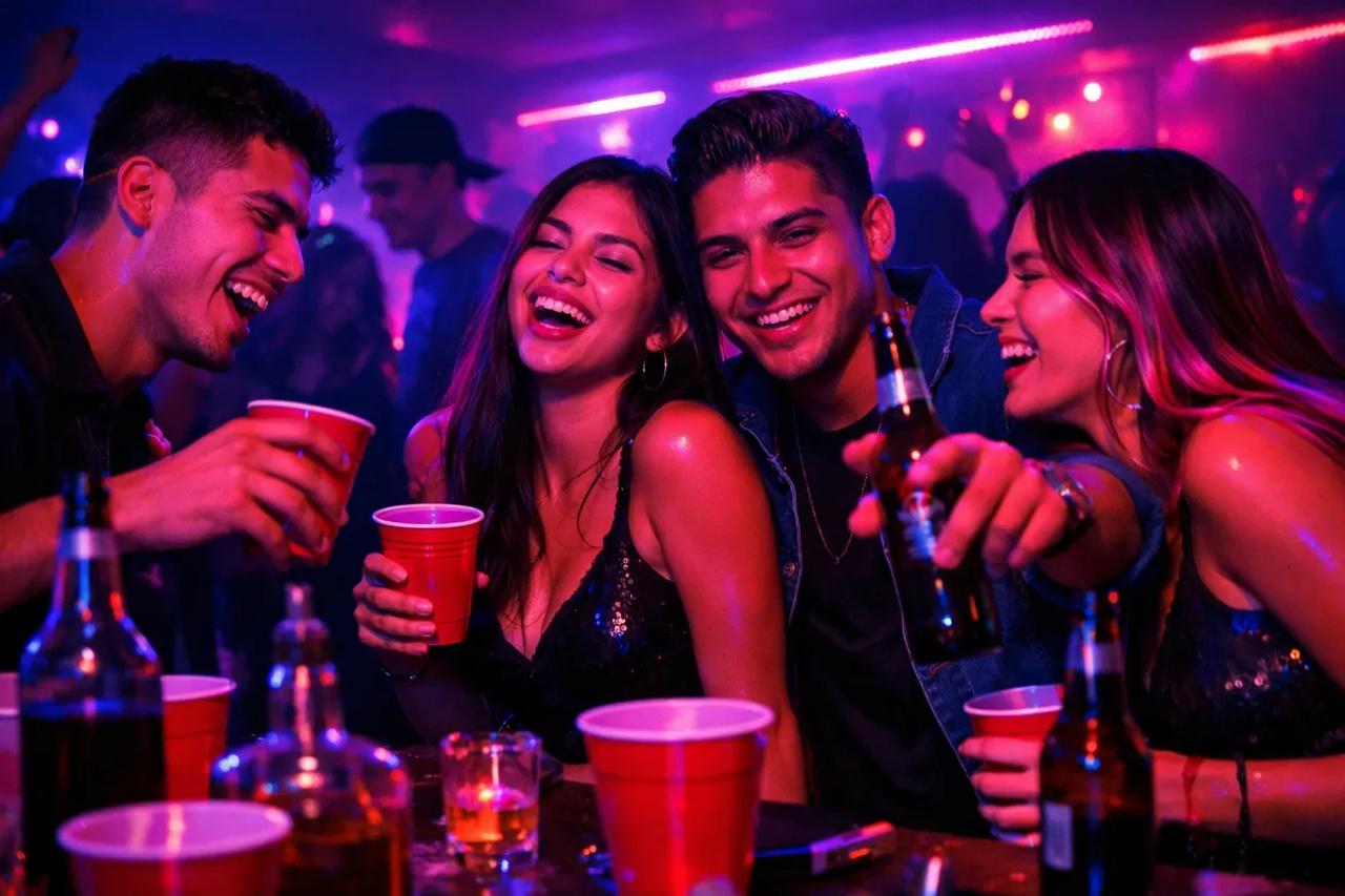 Grupo de amigos jugando juegos para beber durante una fiesta