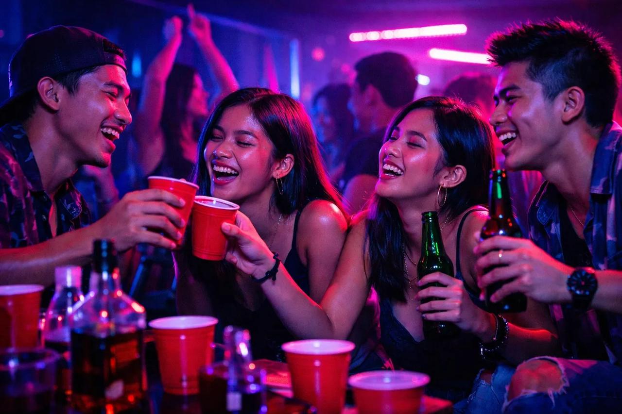Grupo ng magkakaibigan na naglalaro ng drinking games sa isang masayang party