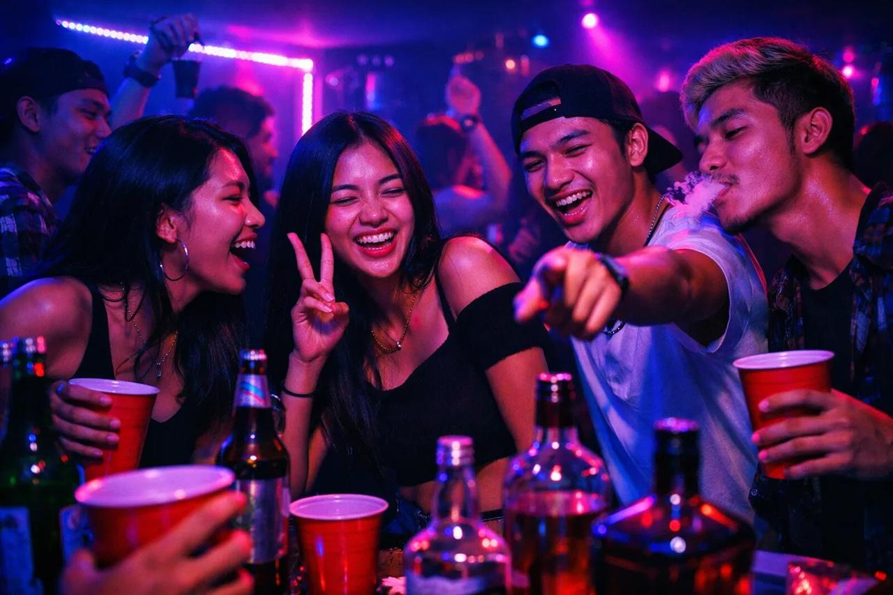 Sekumpulan teman main drinking game pas party