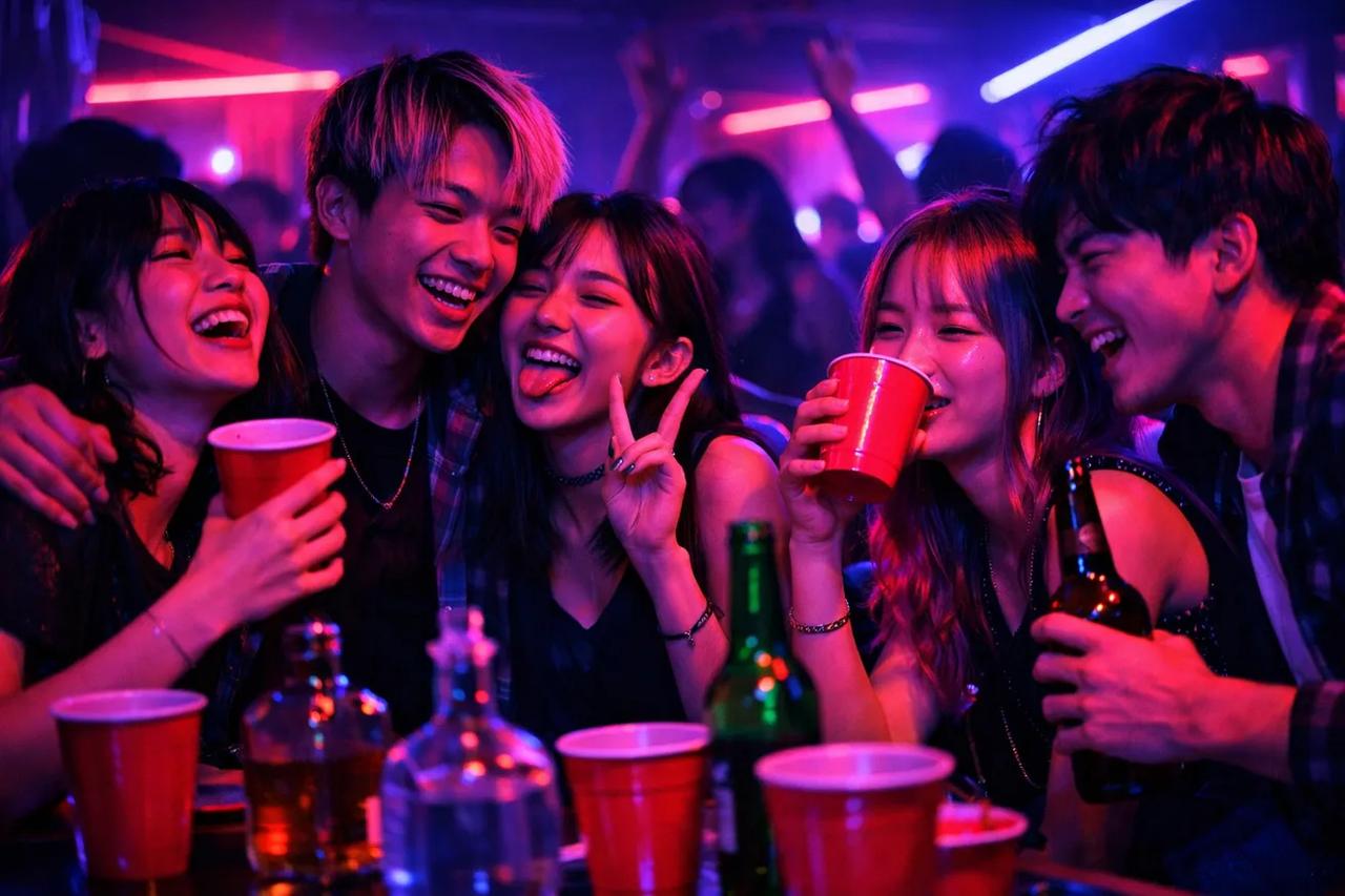 パーティーで飲みゲームを楽しむ友達グループ