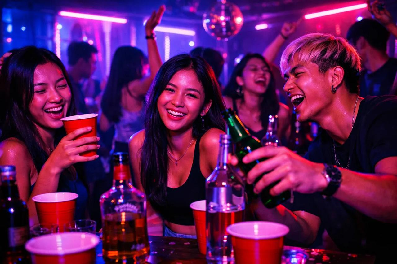 กลุ่มเพื่อนกำลังเล่นเกมในวงเหล้ากันอย่างสนุกสนานในปาร์ตี้