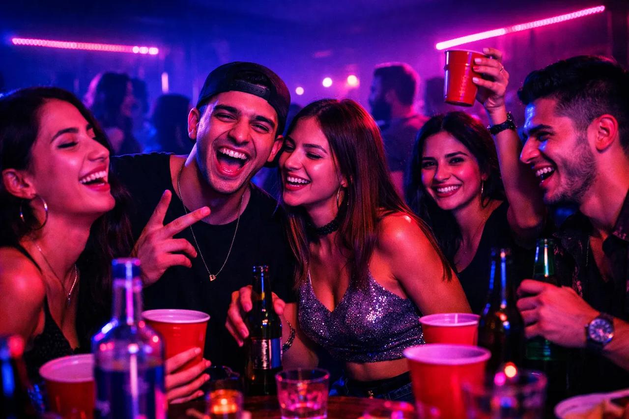 Keyifli bir partide içki oyunları oynayan bir grup arkadaş