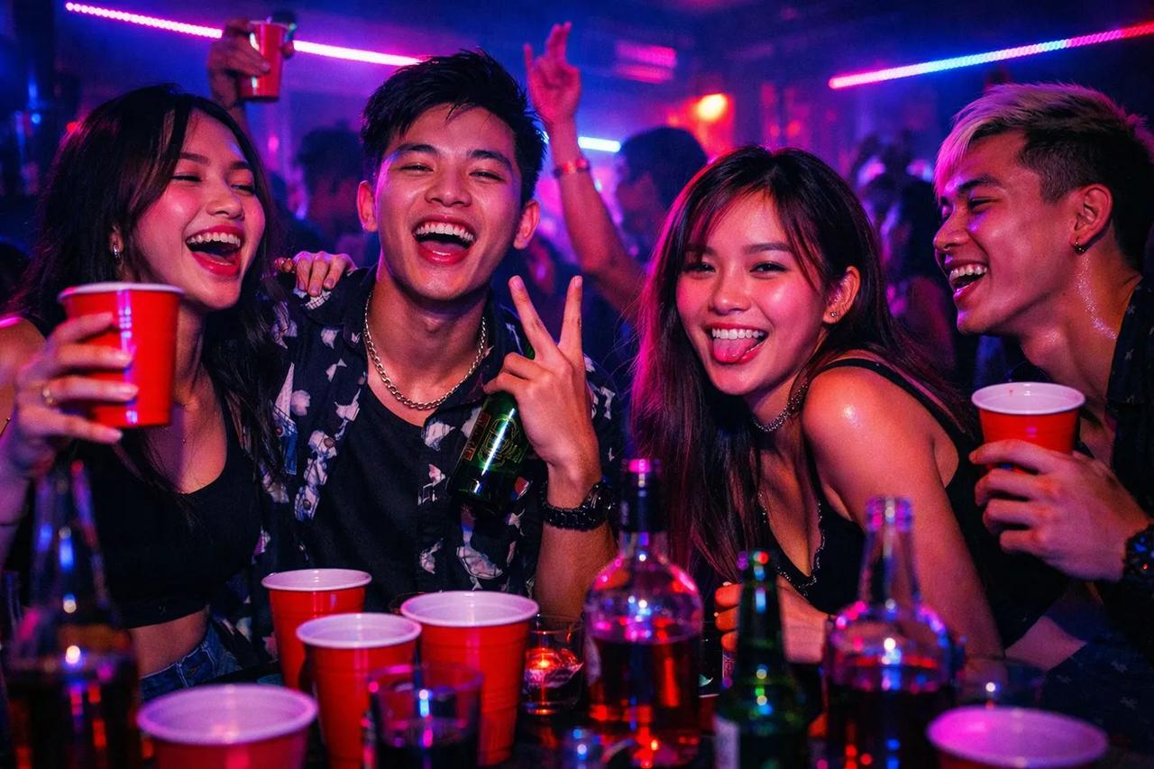 Nhóm bạn đang chơi game uống rượu trong một bữa tiệc sôi động