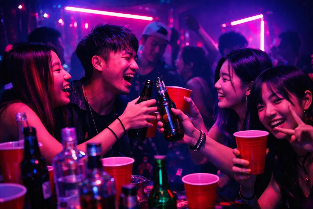 一群朋友在热闹的派对上玩喝酒游戏