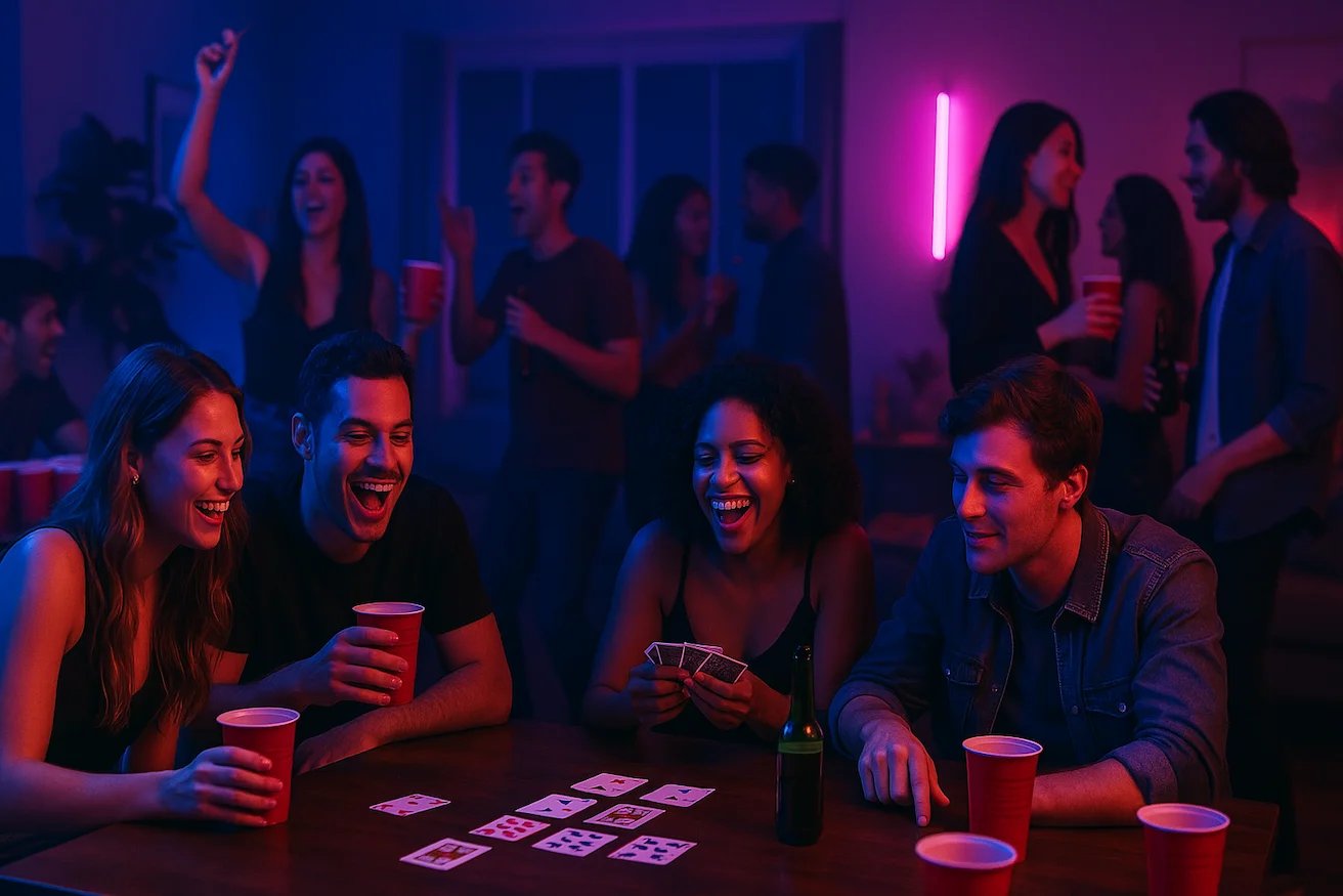 Grupo de amigos jugando juegos para beber durante una fiesta